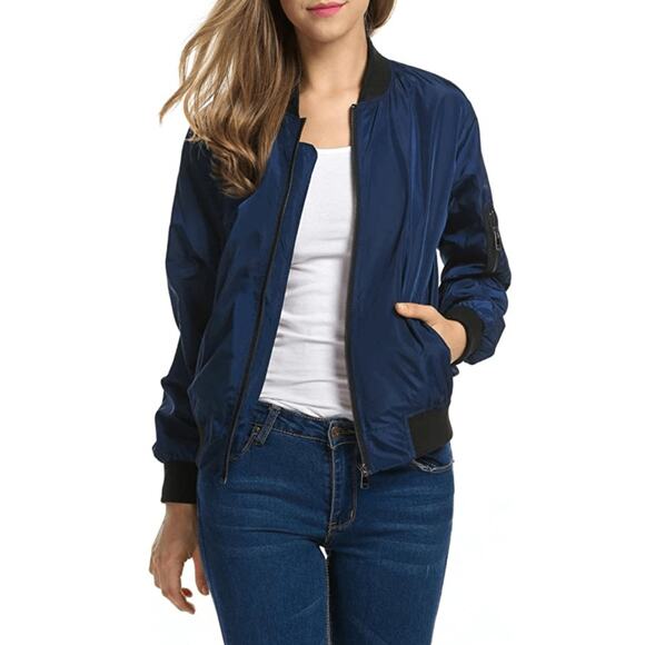 New Zeagoo Womens Small S Navy Blue Bomber Jacket Zip Up Coat Black Trim Pockets - Picture 10 of 10